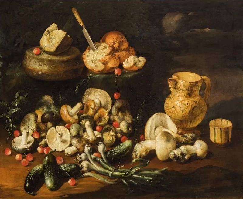 Natura morta con funghi, brocca e pane
